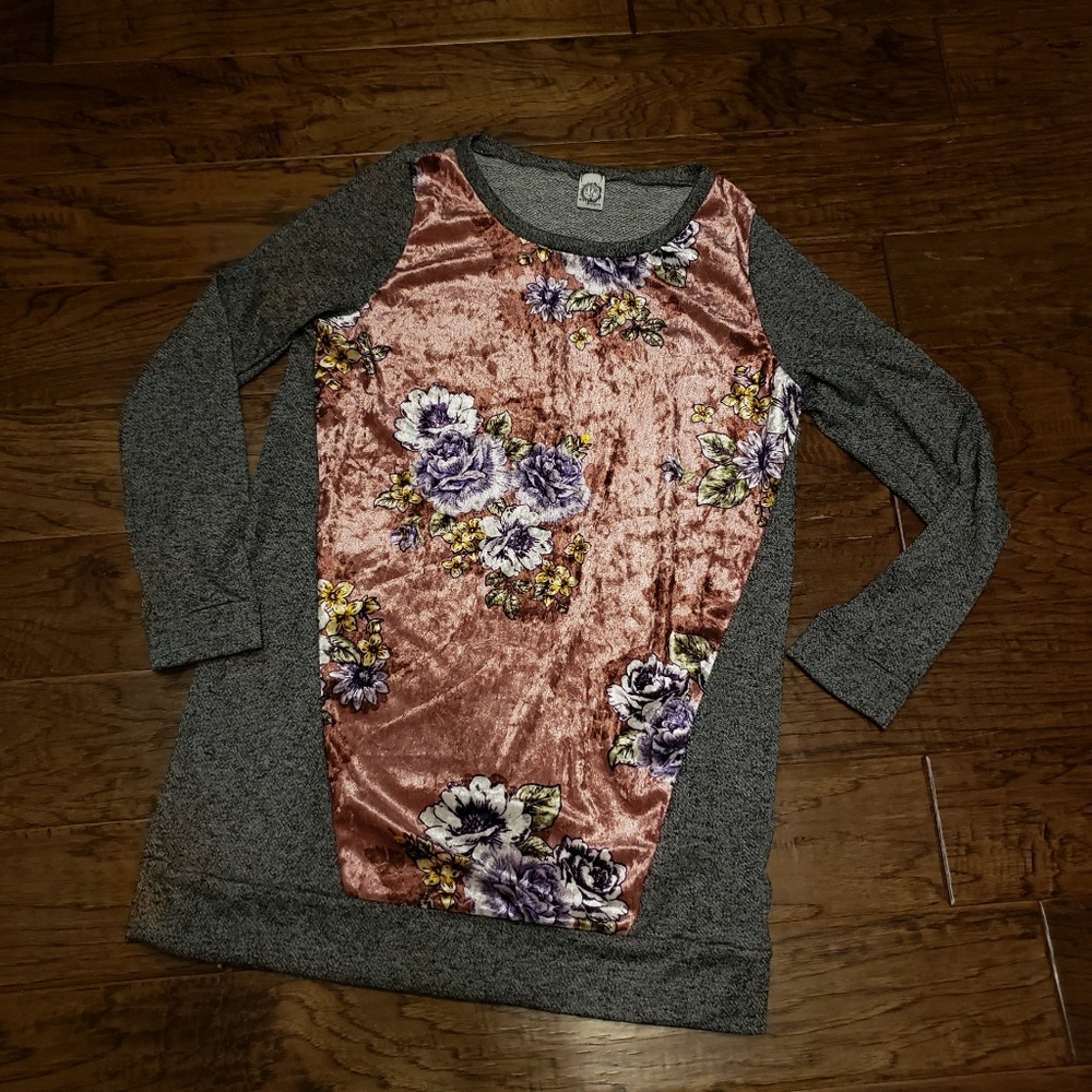 sun n moon Velvet Floral Panel Tunic Gray Pink M